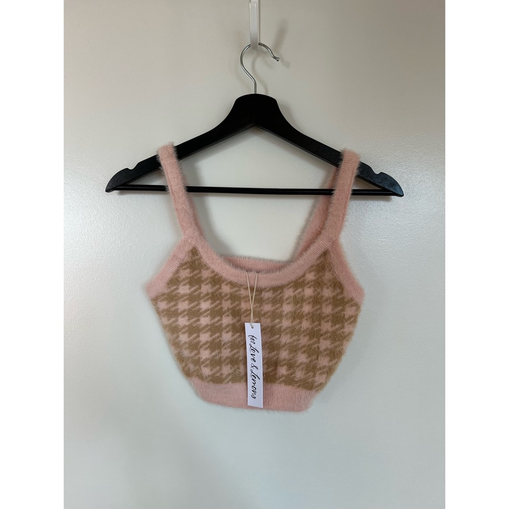 For Love & Lemons, new, cropped pink houndstooth sweater tank
